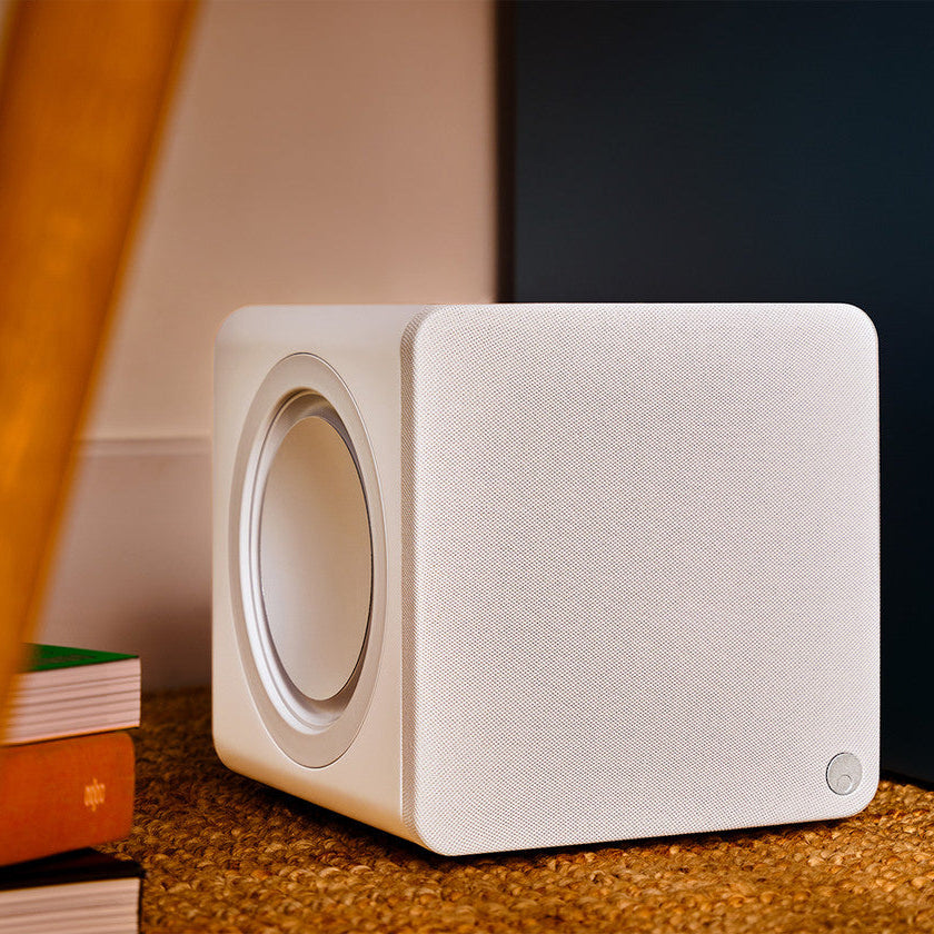 Cambridge Audio MSX Sub 200 subwoofer with black enclosure and control knob, designed for deep bass in home audio systems.