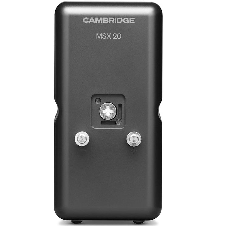 Cambridge Audio MSX 20 speakers with sleek black design, shown from a front angle highlighting their modern appearance.