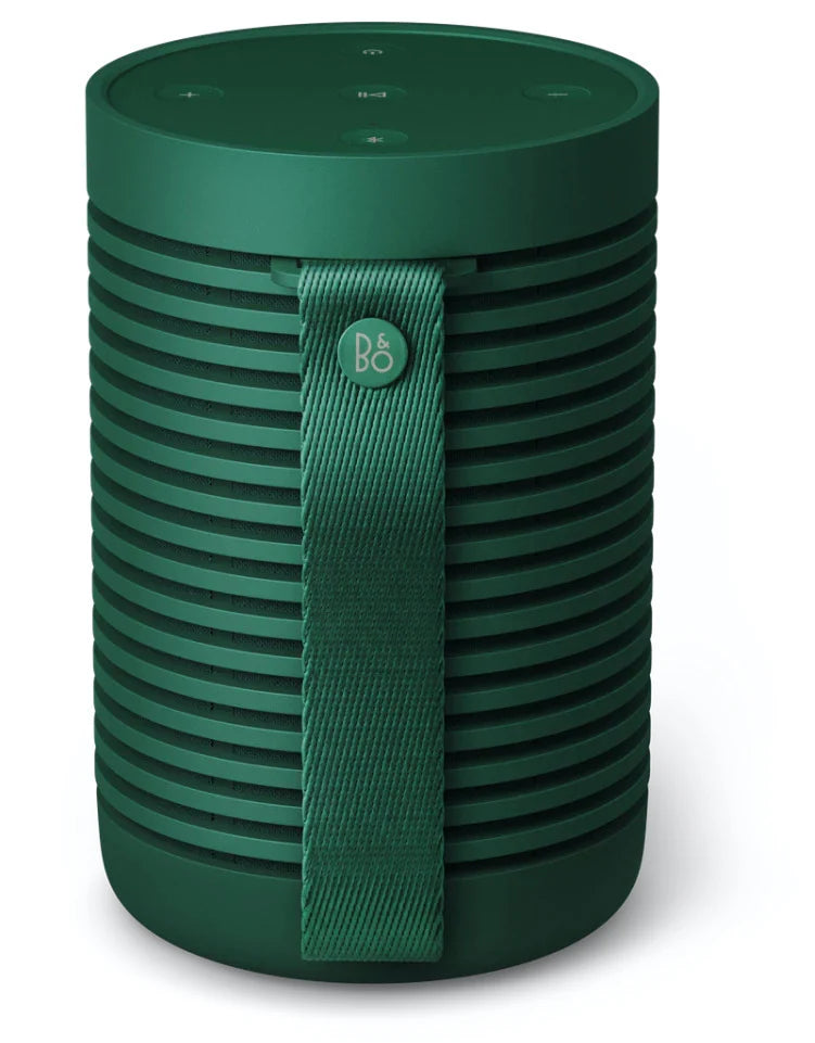 Bang & Olufsen Beosound Explore portable speaker with back strap, rugged design, and textured black exterior for outdoor use.