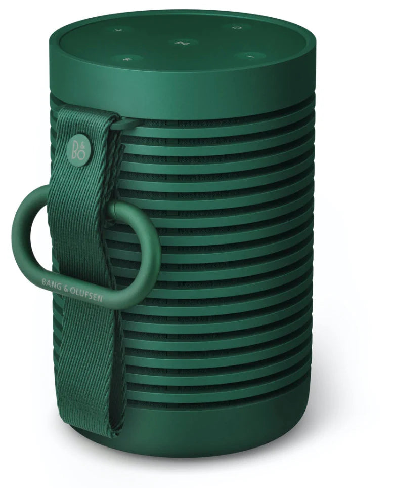 Bang & Olufsen Beosound Explore portable speaker with carabiner, shown from the back, highlighting its rugged design and connection ports.