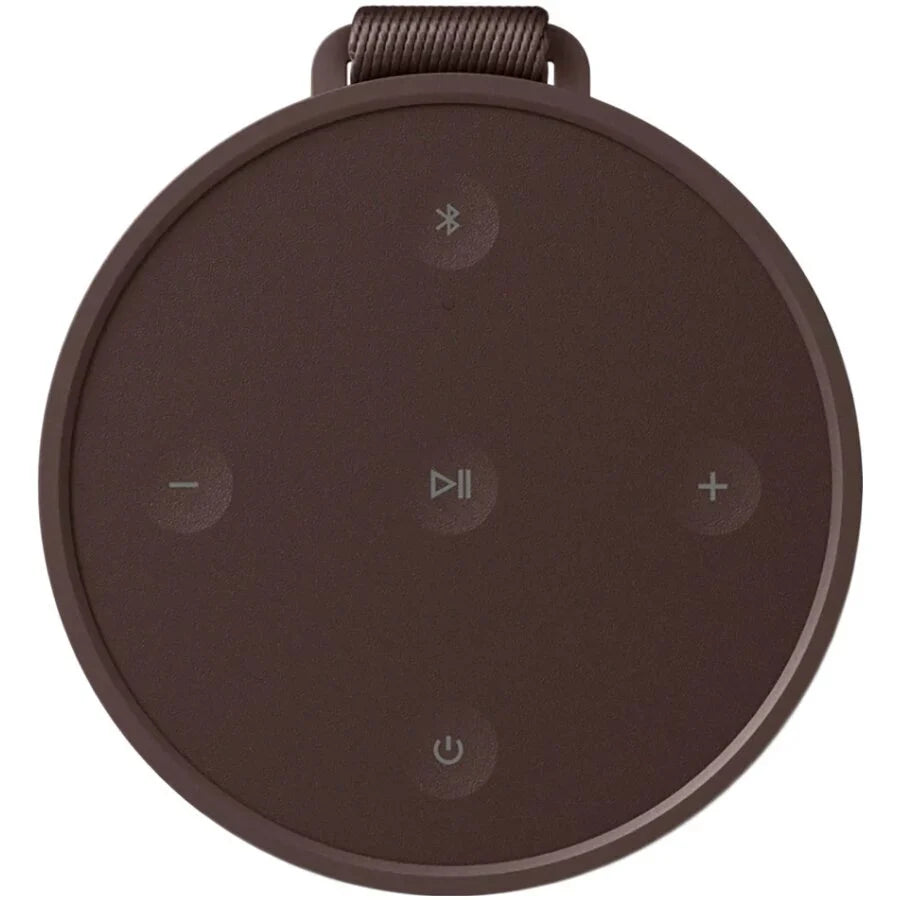 Bang & Olufsen Beosound Explore portable speaker in rugged design with textured fabric and control buttons.