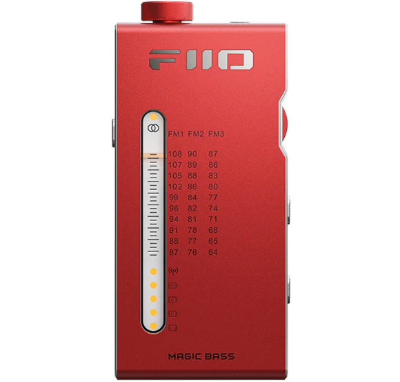 FiiO RR11 radio with digital display and control buttons, black and silver design, compact portable radio for audio entertainment.