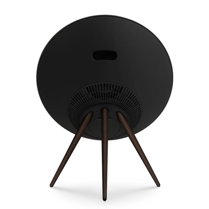 Bang & Olufsen Beosound A9 5th Gen wireless speaker in black, showing the back with fabric cover and control panel.