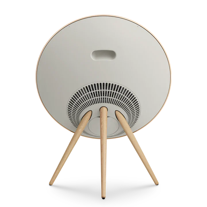 Bang & Olufsen Beosound A9 5th Gen wireless speaker with gold finish, showing the back view and sleek design.