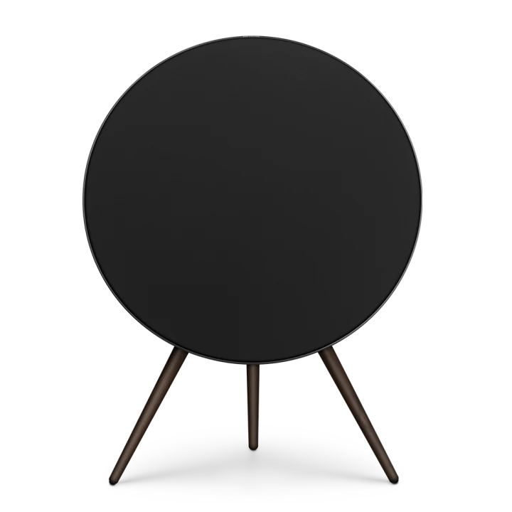 Black Bang & Olufsen Beosound A9 5th Gen wireless speaker with a sleek circular design and fabric-covered exterior.