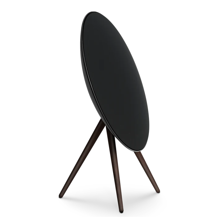 Black Bang & Olufsen Beosound A9 5th Gen wireless speaker with a sleek, circular design and fabric-covered exterior.