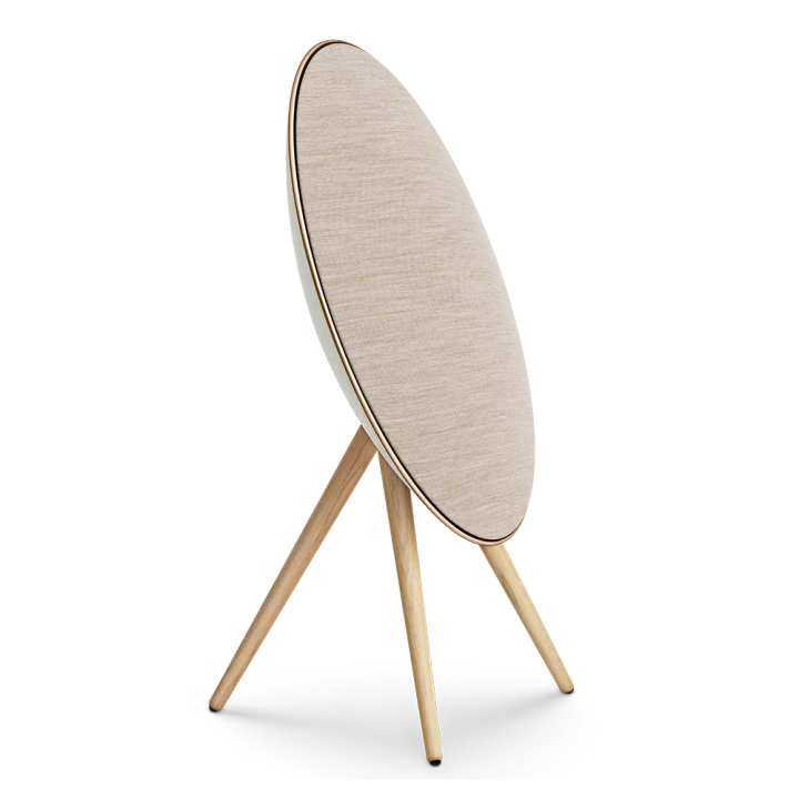 Bang & Olufsen Beosound A9 5th Gen wireless speaker in gold, showcasing its sleek design from a front and side angle.