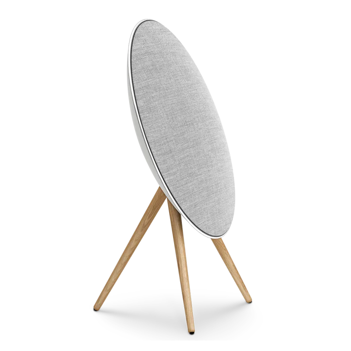 Bang & Olufsen Beosound A9 5th Gen wireless speaker in natural aluminium with a sleek, round design and stylish fabric covering.