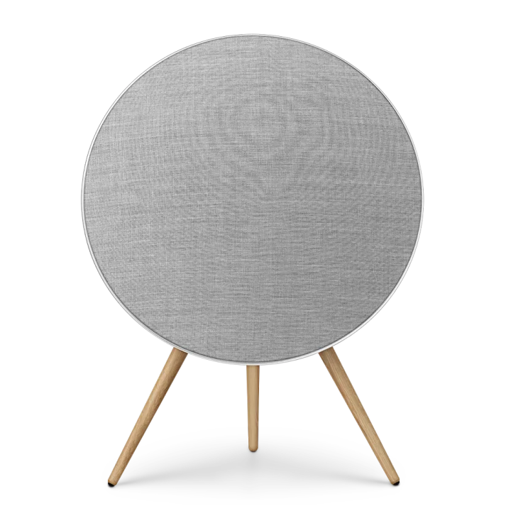 Bang & Olufsen Beosound A9 5th Gen wireless speaker with natural aluminum finish, showcasing its sleek, circular design and premium build.