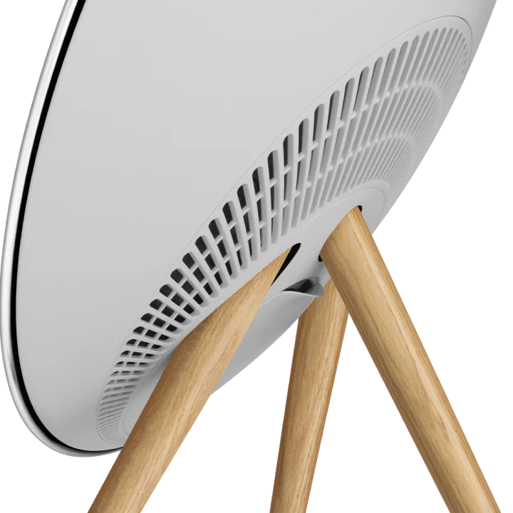 Bang & Olufsen Beosound A9 5th Gen wireless speaker with natural aluminum finish, showcasing its sleek, circular design and premium build.