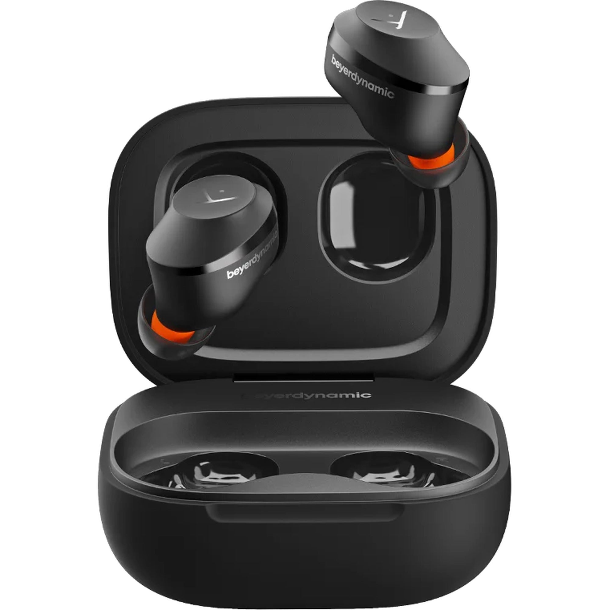 Wireless Beyerdynamic Amiron 300 in-ear headphones shown with sleek design and ear tips on a white background.