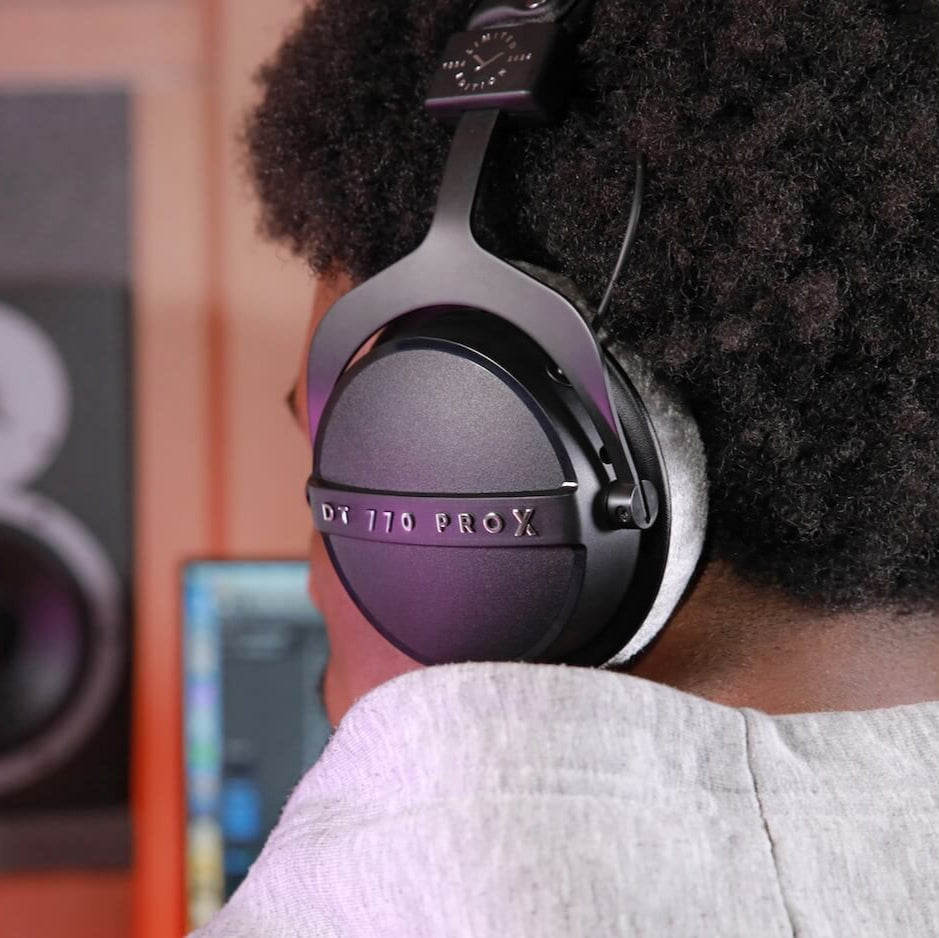 Beyerdynamic DT 770 Pro X studio headphones with over-ear design, black ear cups, and adjustable headband for professional audio.