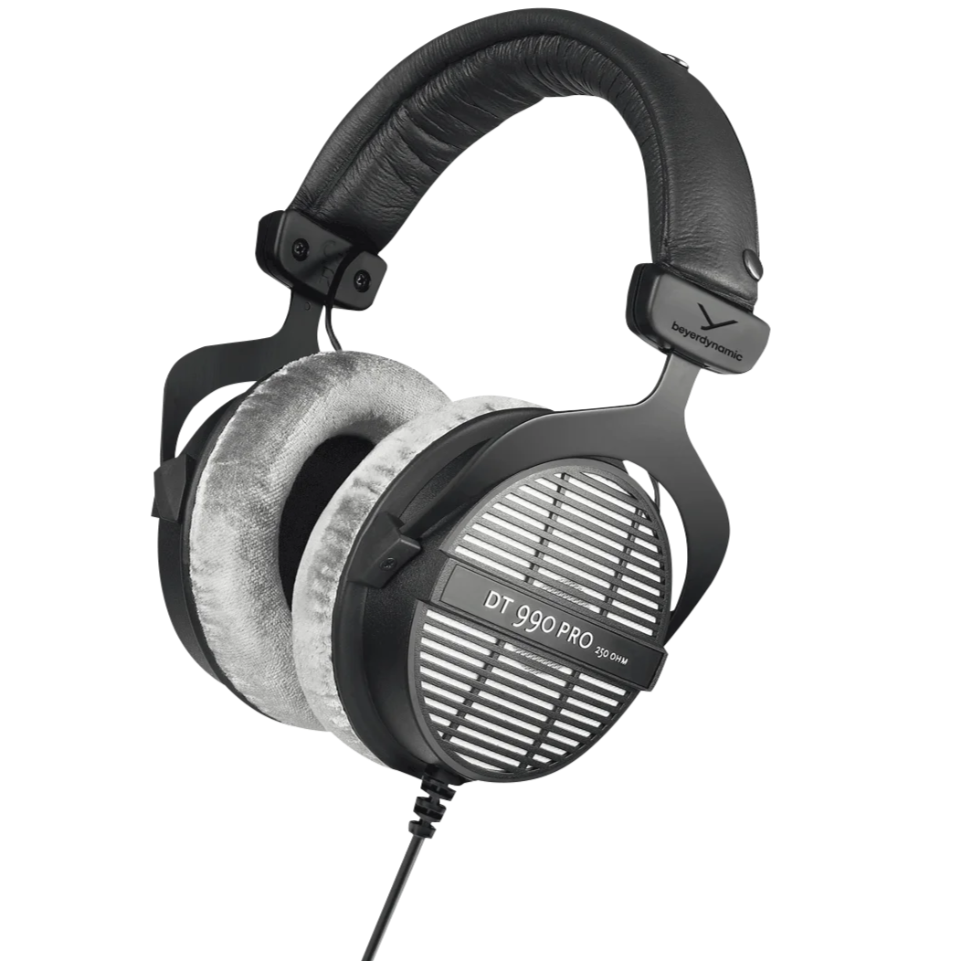 Beyerdynamic DT 990 Pro studio headphones with open-back design and 250 ohm impedance, shown from a side perspective.