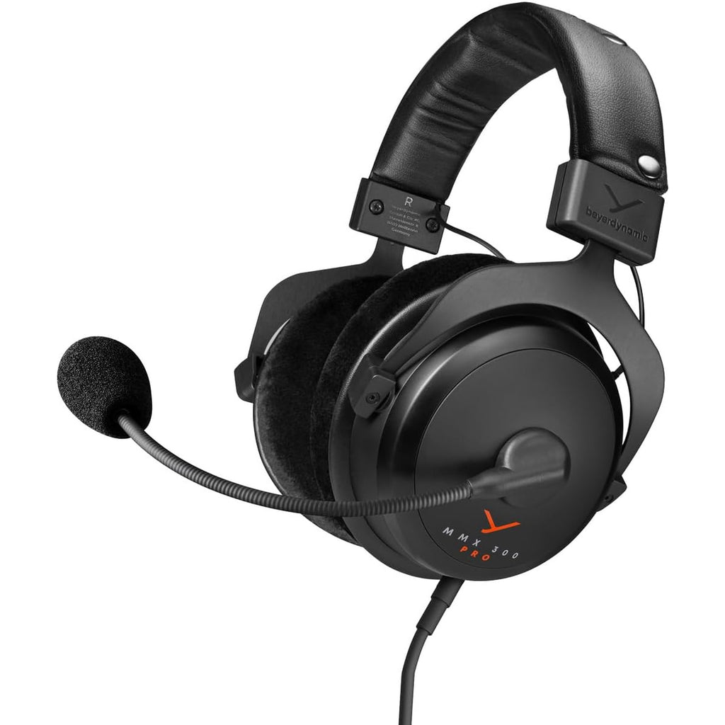 Black Beyerdynamic MMX 300 Pro gaming headphones with over-ear design and adjustable headband, featuring a built-in microphone.