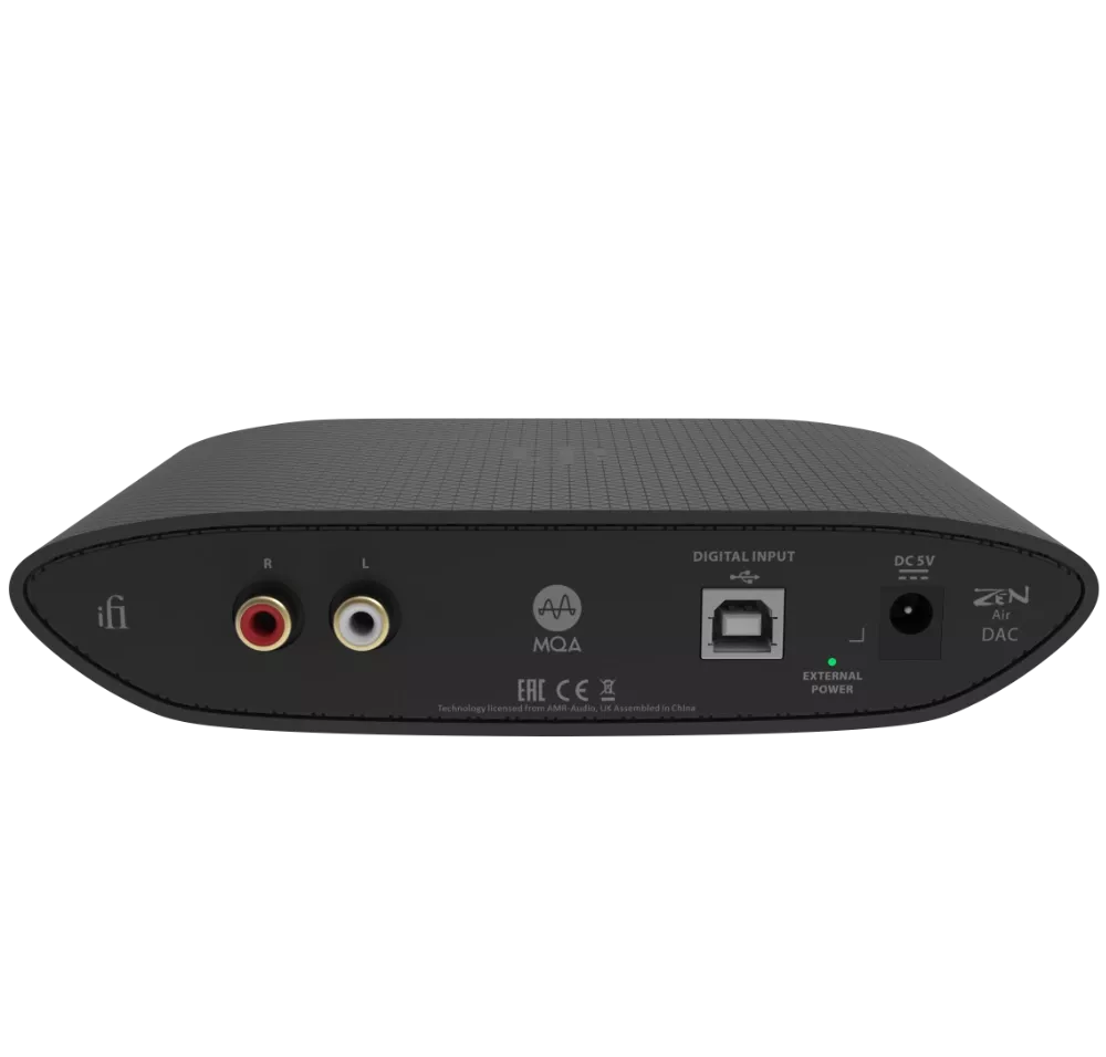 iFi Audio Zen Air DAC and headphone amplifier in black, showing sleek design with connection ports and control buttons.