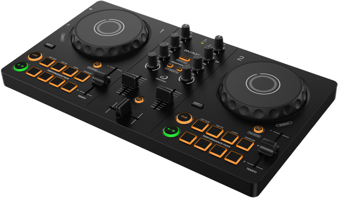 AlphaTheta DDJ-FLX2 DJ bundle for bedroom studio setup, featuring DJ controller and accessories in the image.