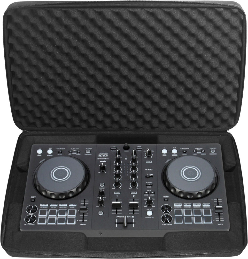Pioneer DJ DDJ-FLX4 mobile DJ bundle with controller, accessories, and carrying case for portable DJ performances.