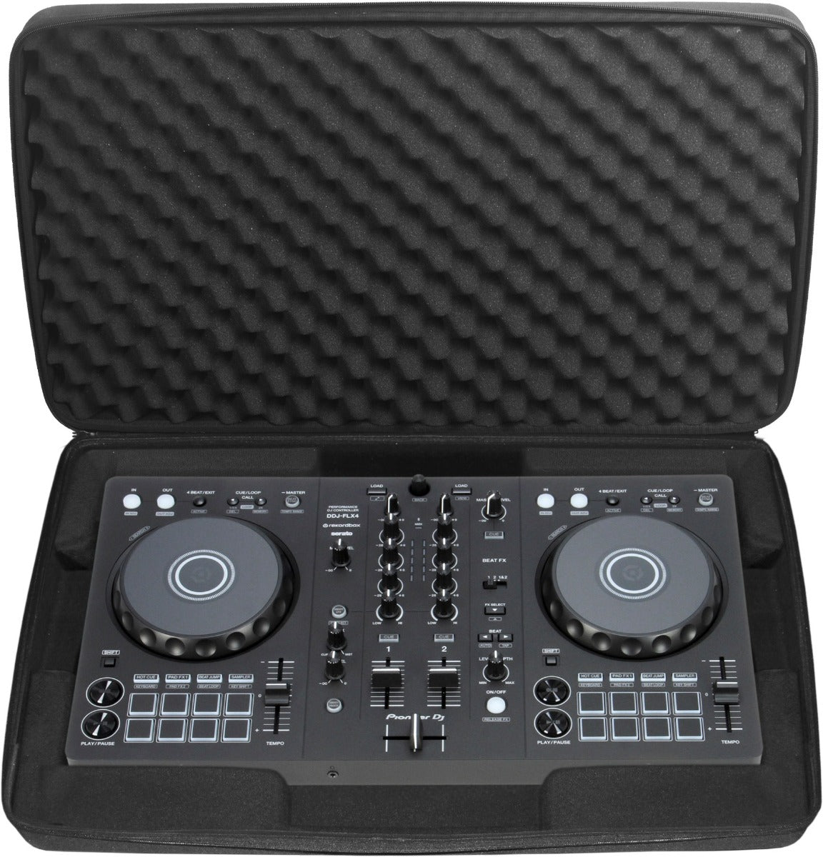 Pioneer DJ DDJ-FLX4 mobile DJ bundle with controller, accessories, and carrying case for portable DJ performances.