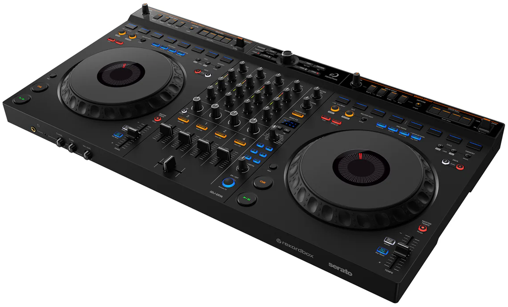 AlphaTheta DDJ-GRV6 DJ bundle setup including controller, headphones, and accessories for professional DJ performance.