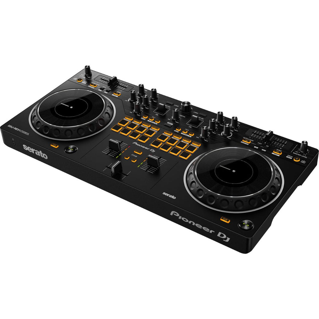 Pioneer DJ DDJ-REV1 Full Scratch Lab DJ bundle with controller, headphones, and accessories for beginner scratch DJ setup.