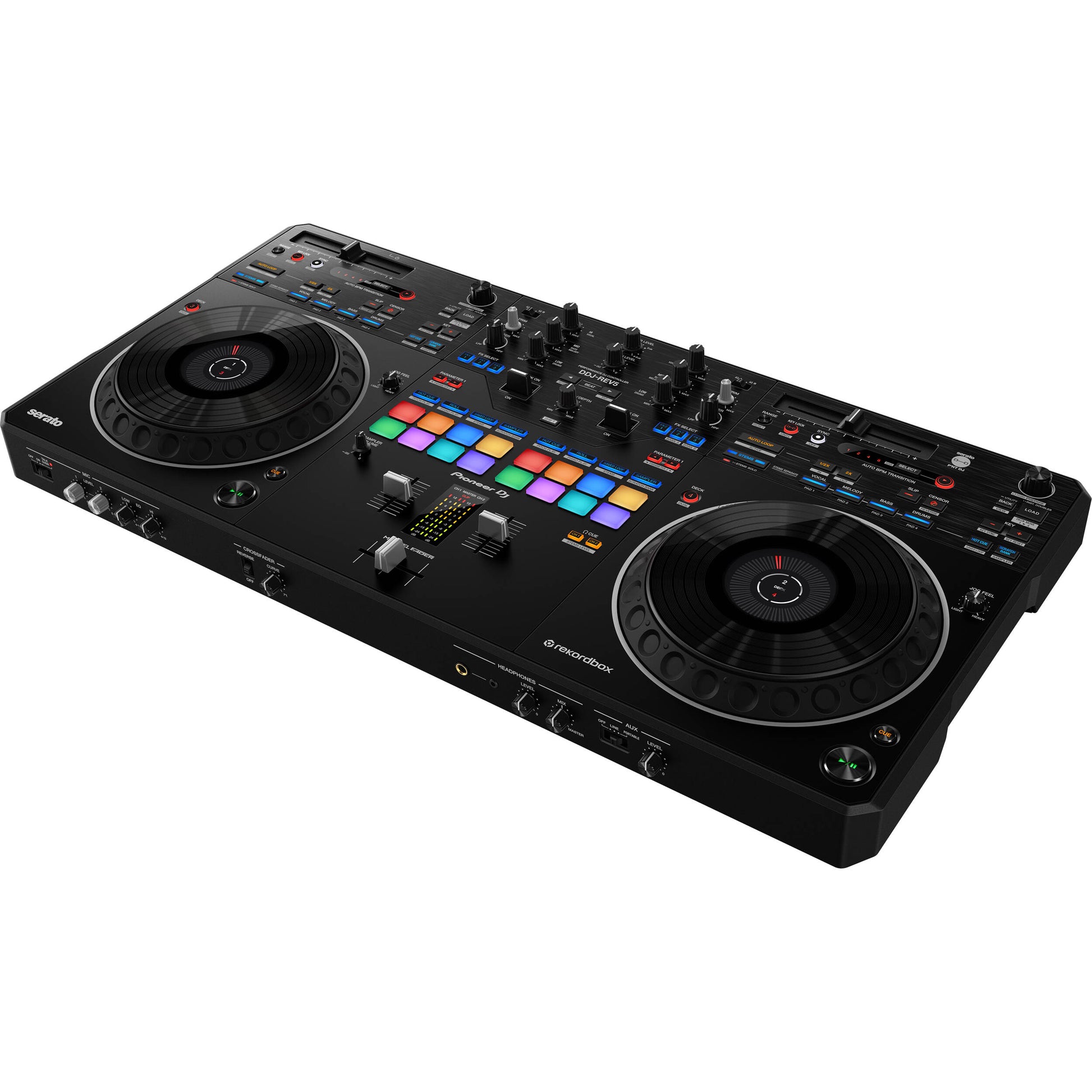 Pioneer DJ DDJ-REV5 home studio DJ bundle with controller, headphones, and accessories for professional mixing and DJing.