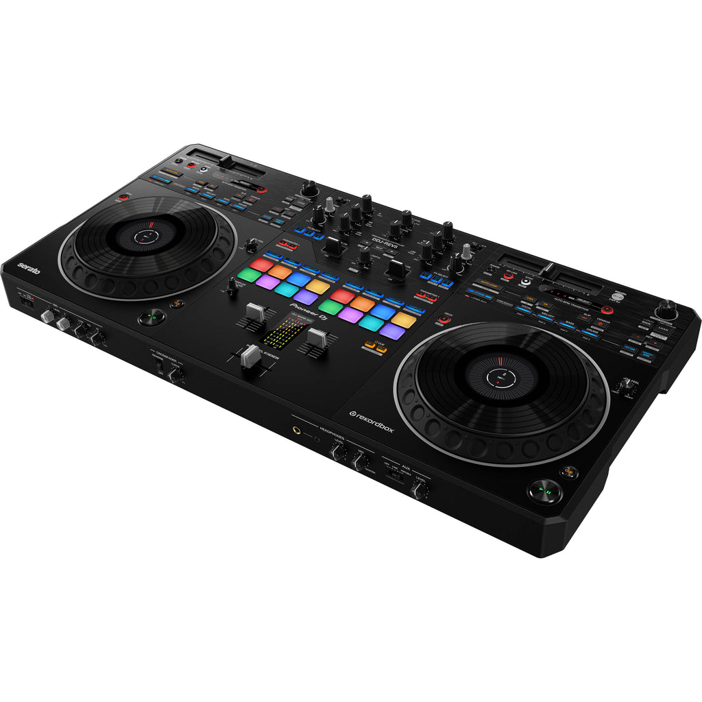 Pioneer DJ DDJ-REV5 Ultimate DJ bundle with mixer, controllers, and accessories for professional scratching and mixing.
