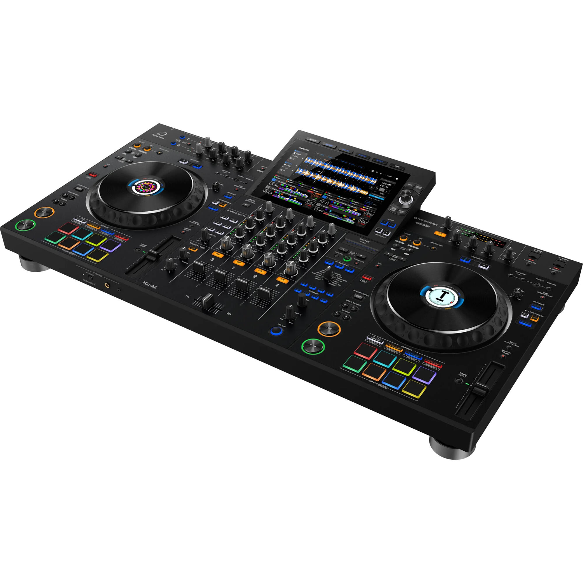 AlphaTheta XDJ-AZ Party Pro DJ bundle featuring a professional DJ controller, headphones, and accessories on a sleek setup.