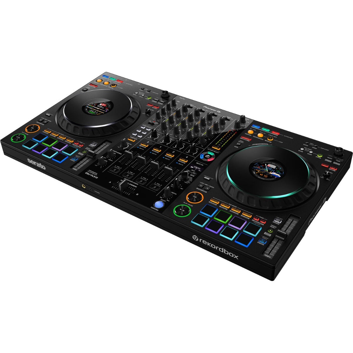 Pioneer DJ DDJ-FLX10 DJ controller in a bundle setup with accessories, showcasing its professional layout and controls.