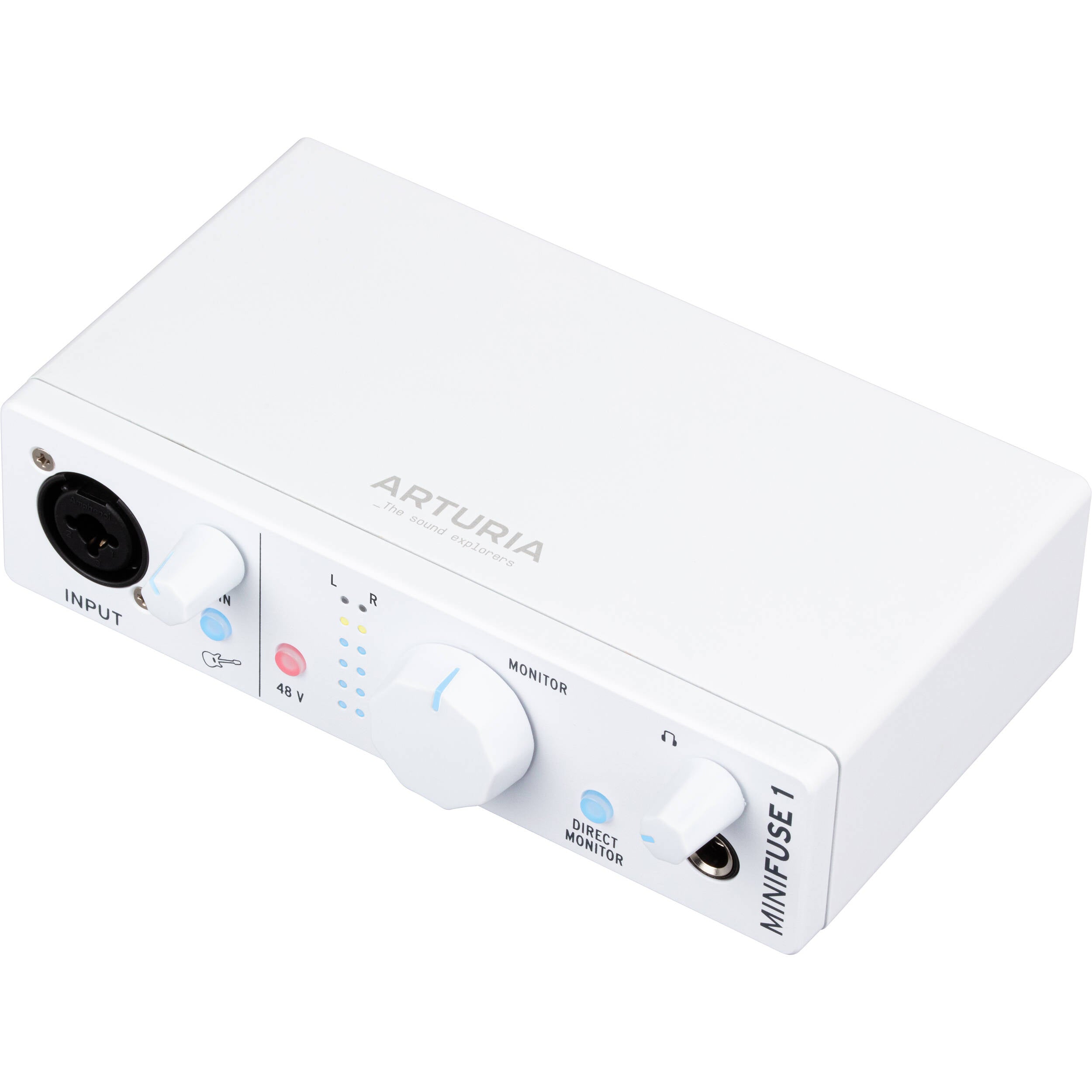 Arturia MiniFuse 1 audio interface with USB connection and input/output ports, compact design for music production and recording.
