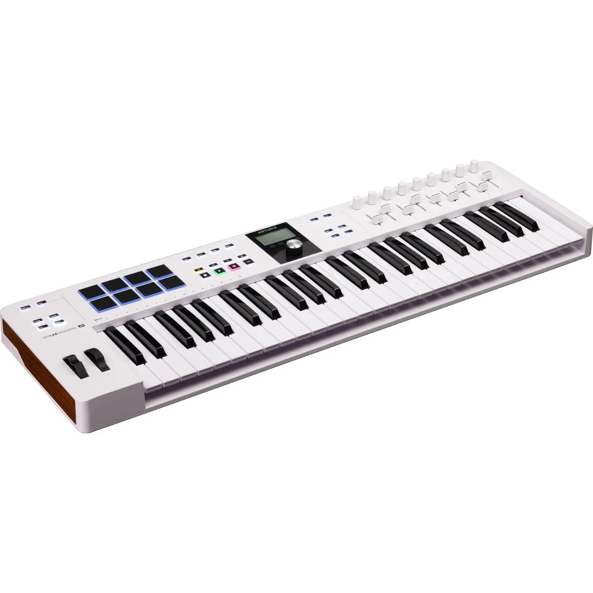 Arturia KeyLab Essential 49 MK3 MIDI keyboard with black keys, control knobs, and keyboard keys, designed for music production.