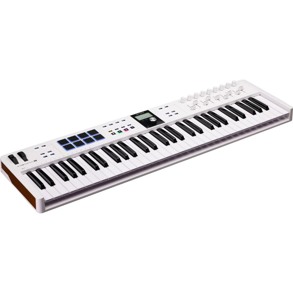 Arturia KeyLab Essential 61 MK3 MIDI keyboard with 61 keys, control knobs, and pads for music production.
