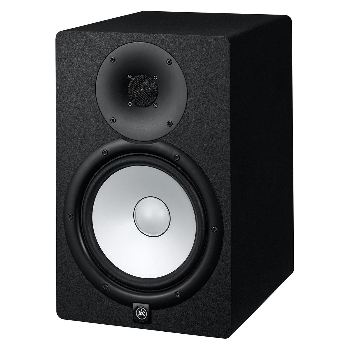 Yamaha HS8 studio monitors with white cones and black enclosures, designed for high-quality audio playback.