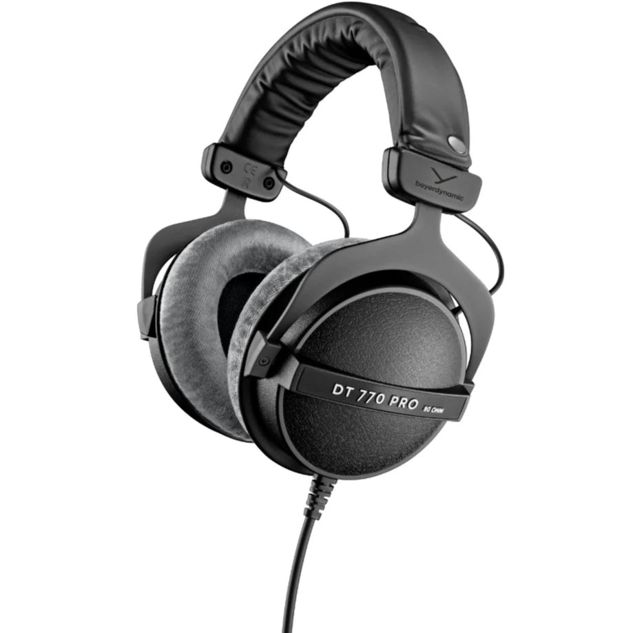 Beyerdynamic DT 770 Pro studio headphones with 80 ohm impedance shown from a white perspective side view