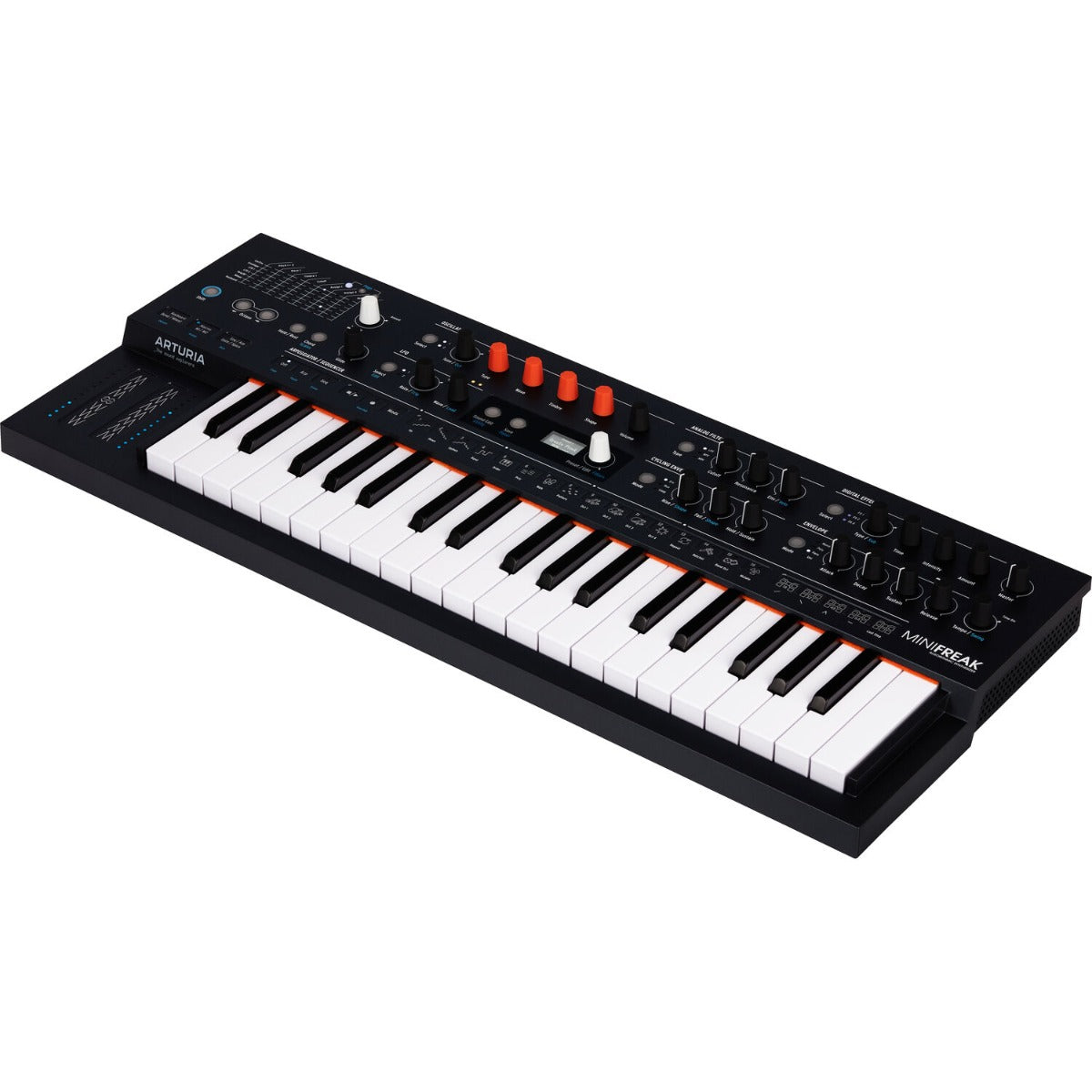 Arturia MiniFreak synthesizer with control knobs and keyboard, showcasing its compact design and modern interface.