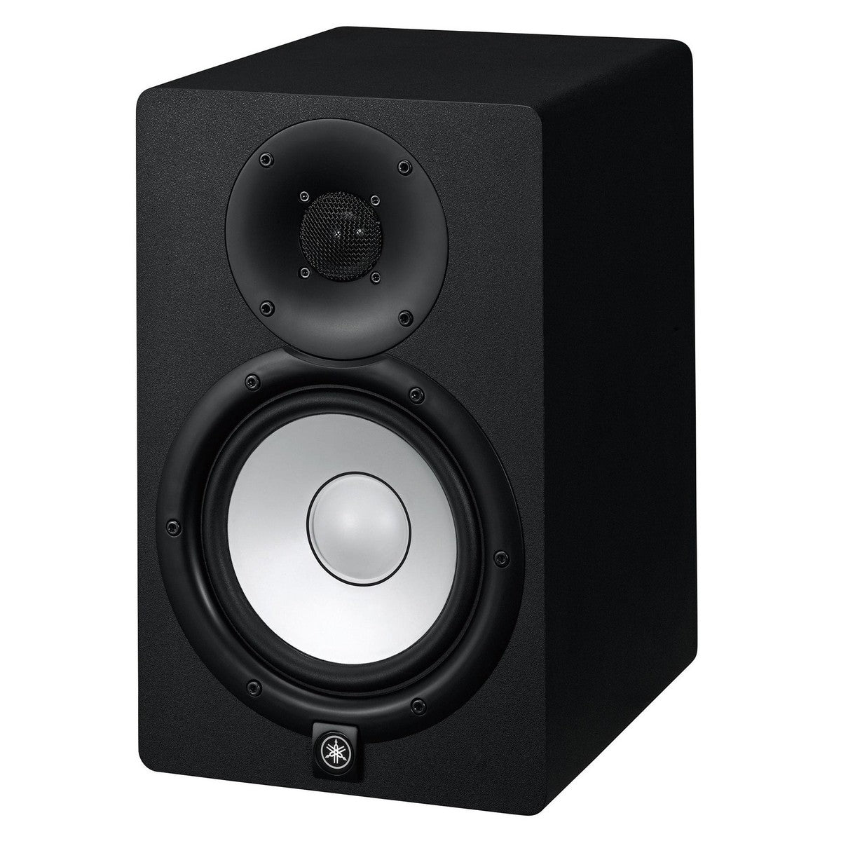 Yamaha HS7 active nearfield monitors with a sleek white cone and black cabinet design, ideal for studio use.