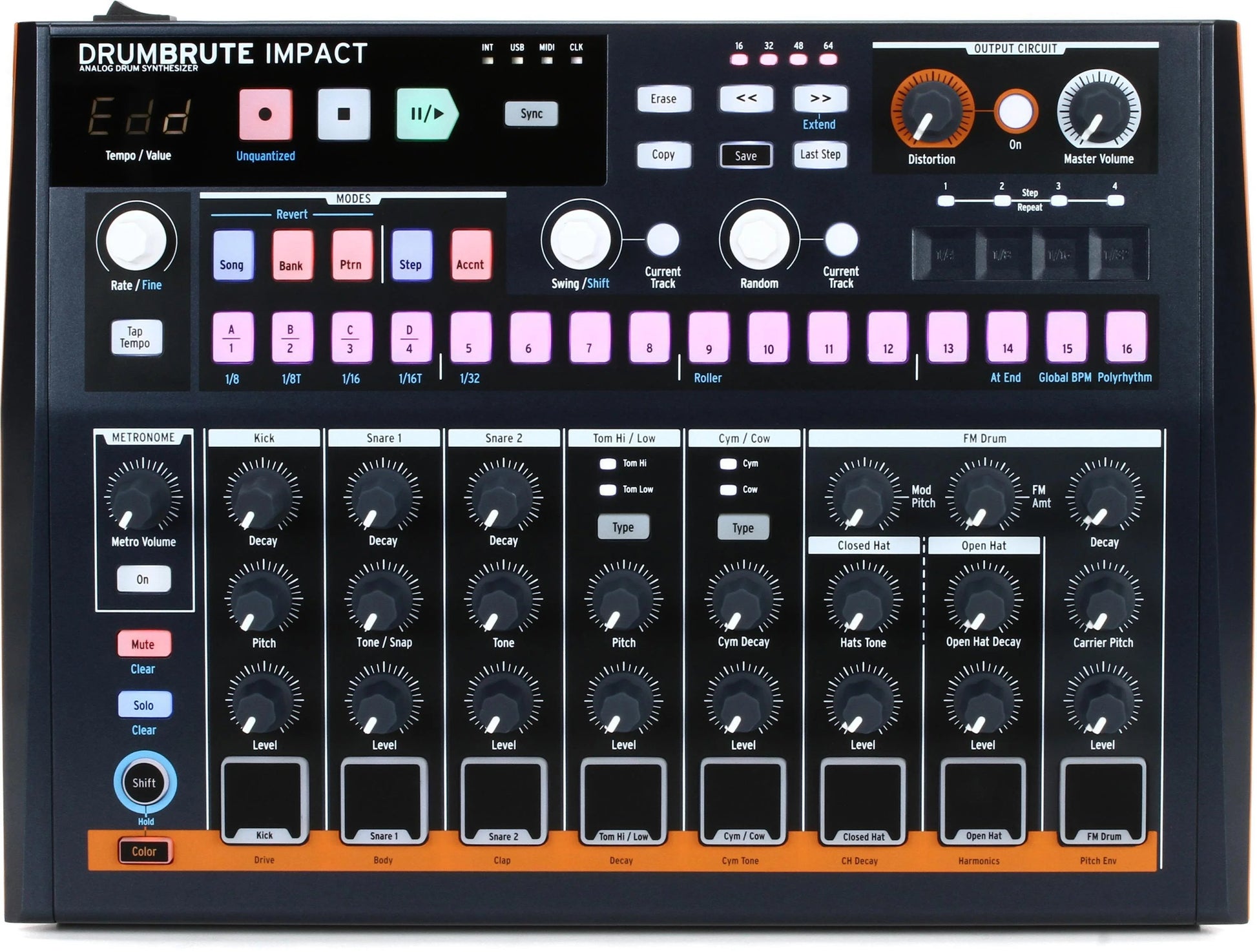 Arturia DrumBrute Impact drum machine with colorful pads and control knobs for electronic music production.