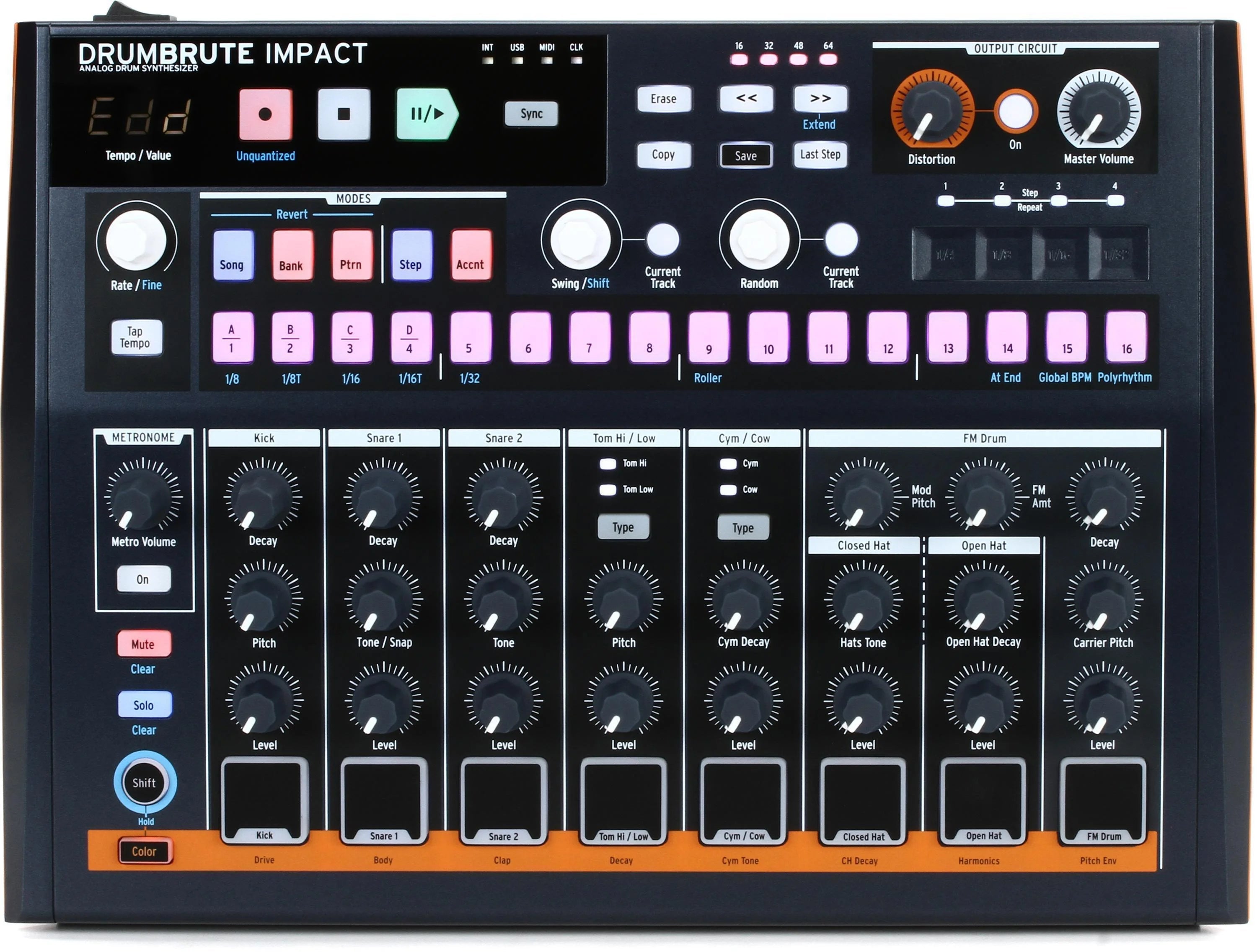 Arturia DrumBrute Impact drum machine with colorful pads and control knobs for electronic music production.
