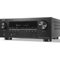 Denon AVR-S980H stereo amplifier with front display and control knobs, showcasing its sleek black design and input ports.