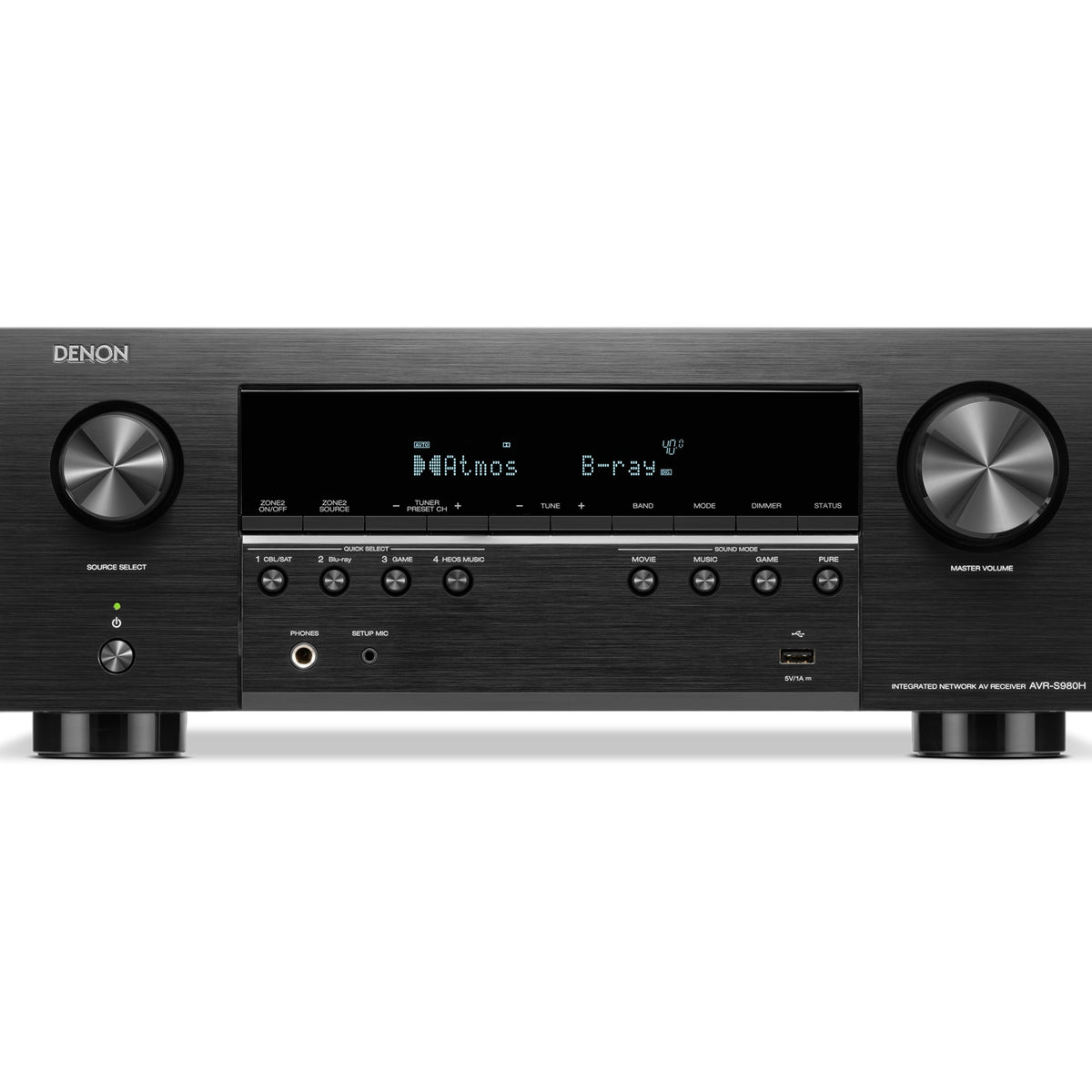 Denon AVR-S980H stereo amplifier showing front panel with control knobs and display screen.