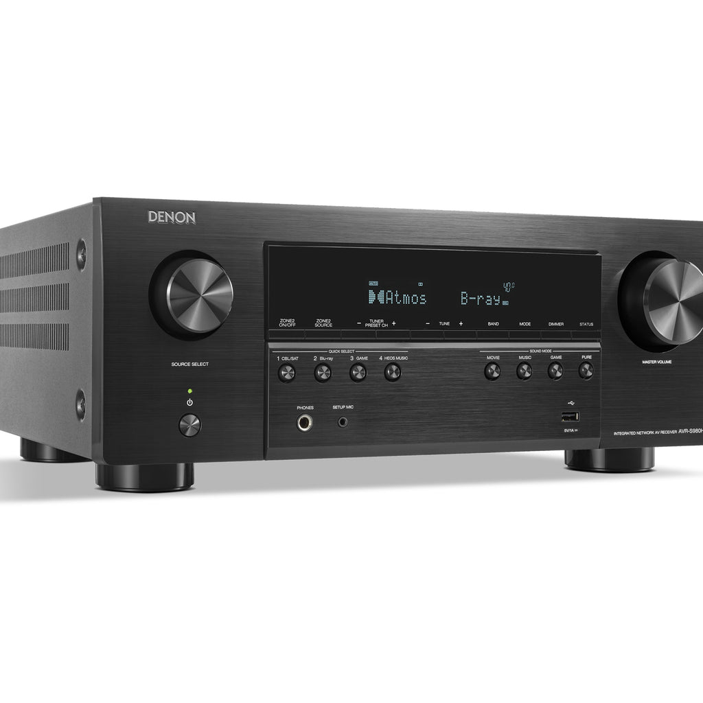 Denon AVR-S980H stereo amplifier with multiple input ports and a sleek black design, ready for high-quality home audio.