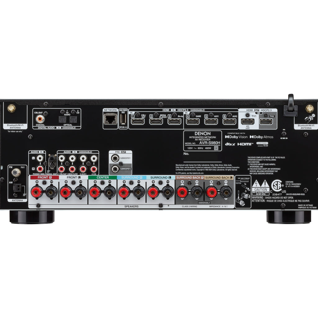 Denon AVR-S980H stereo amplifier with front panel controls and multiple input ports, designed for home audio systems.
