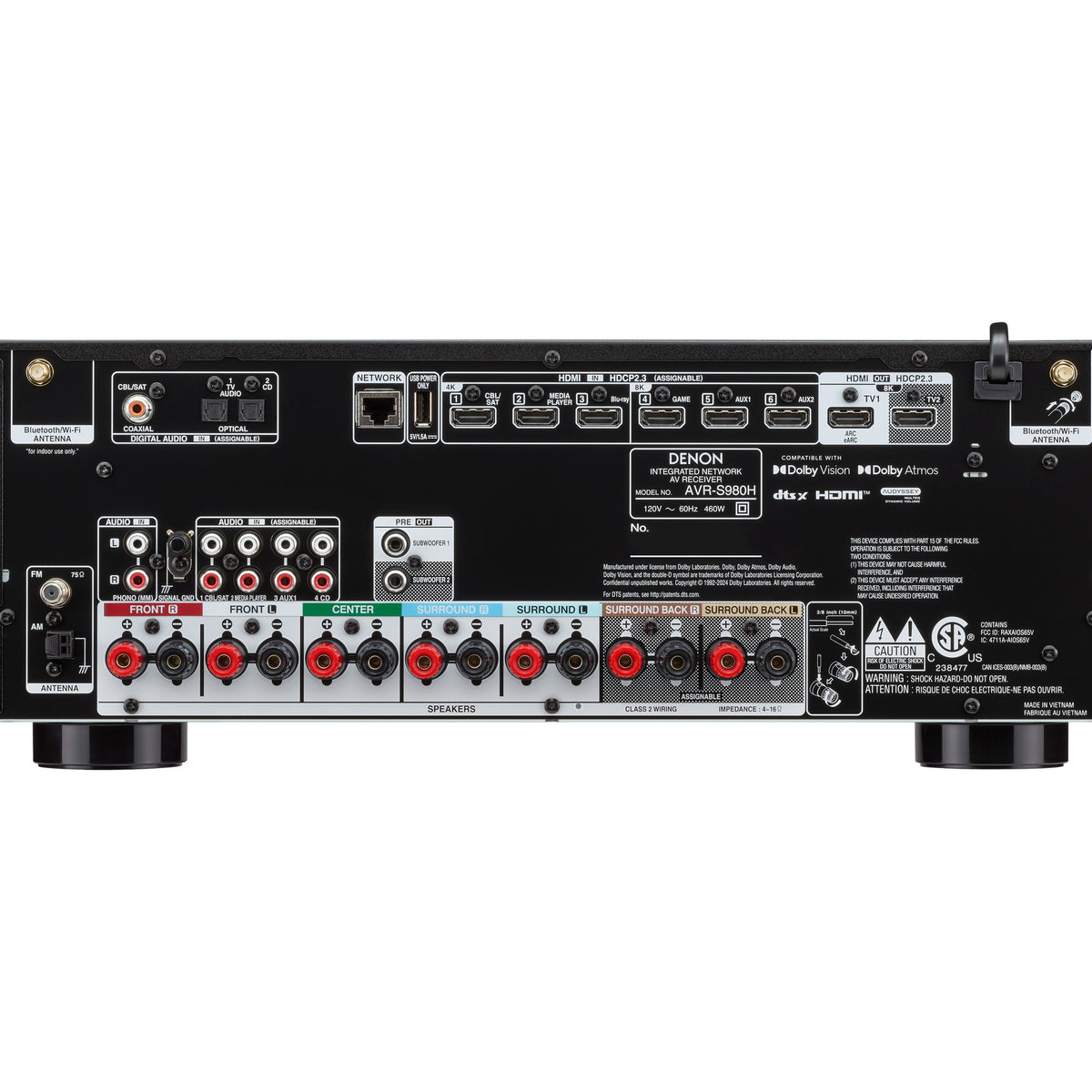 Denon AVR-S980H stereo amplifier with front panel controls and multiple input ports, designed for home audio systems.