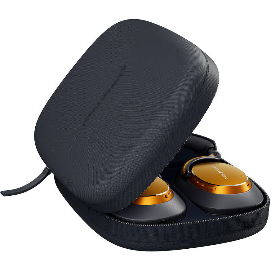 Bowers & Wilkins PX8 S2 McLaren Edition wireless headphones with sleek design and premium finish, close-up view of the headphones.