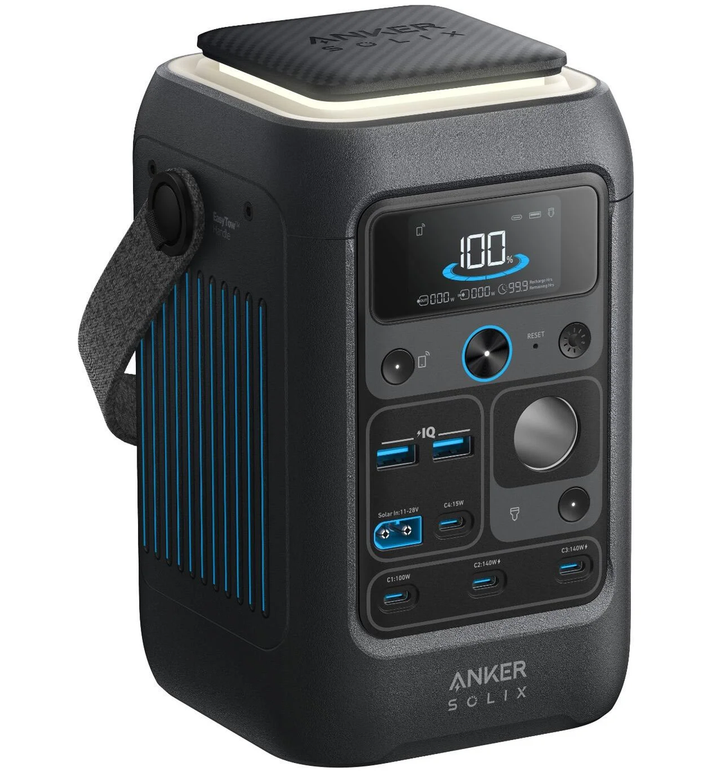 Anker Solix C300X DC portable power station with 288Wh capacity and 90000mAh, shown with multiple output ports and digital display.
