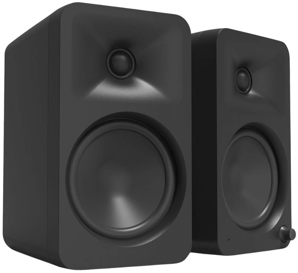 Kanto Audio Ora 4 desktop speakers with black finish, compact design, and front-facing audio controls on a modern workspace.