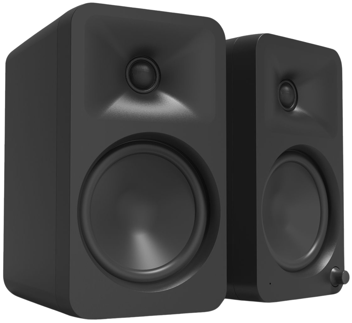 Kanto Audio Ora 4 desktop speakers with black finish, compact design, and front-facing audio controls on a modern workspace.
