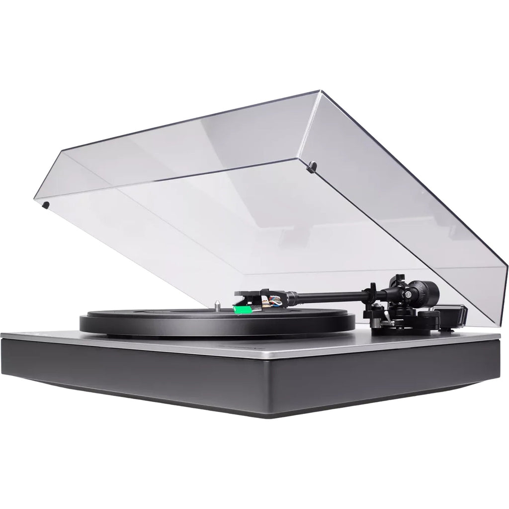 Cambridge Audio Alva ST turntable with sleek design, tonearm, and stylus, showcasing high-quality audio equipment.