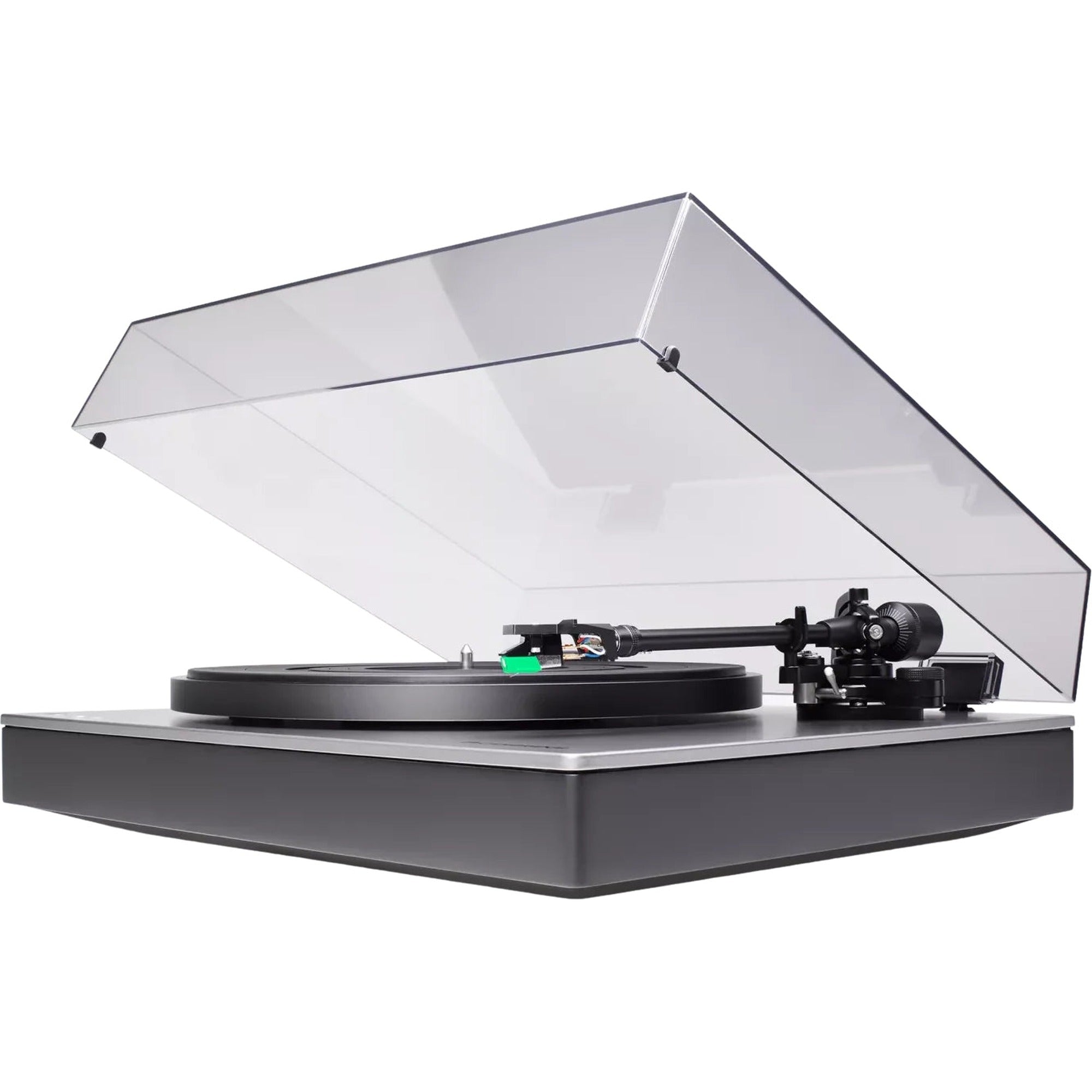 Cambridge Audio Alva ST turntable with sleek design, tonearm, and stylus, showcasing high-quality audio equipment.