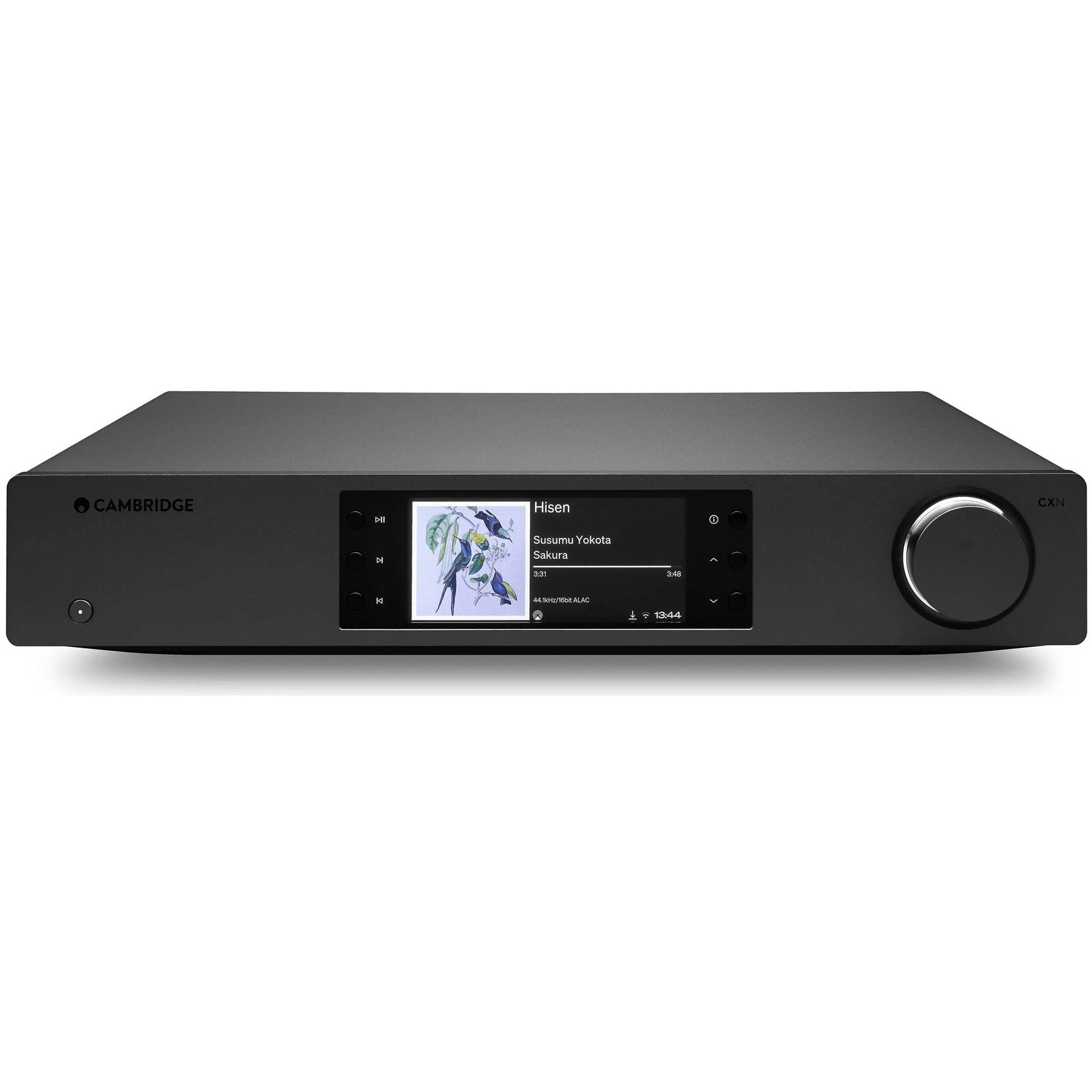 Cambridge Audio CXN100 SE music streamer in black, featuring a sleek design with digital display and connectivity ports.