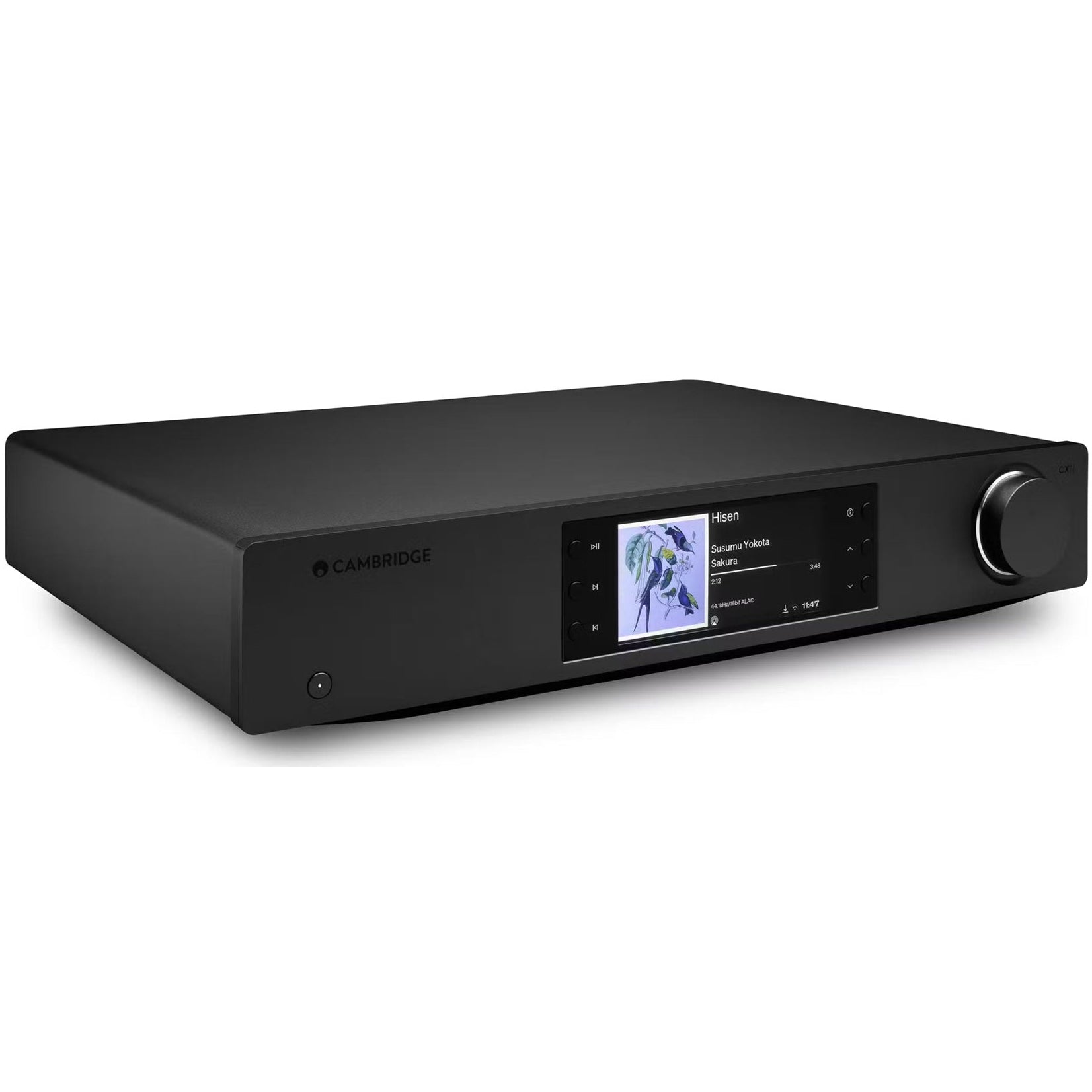 Cambridge Audio CXN100 SE music streamer in black, showing the sleek front panel with display screen and control buttons.